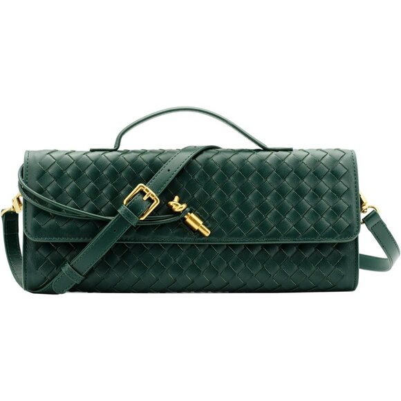 🆕Women Emerald Green Leather Woven Clutch Purse Evening Handmade Shoulder Bag - Picture 1 of 6